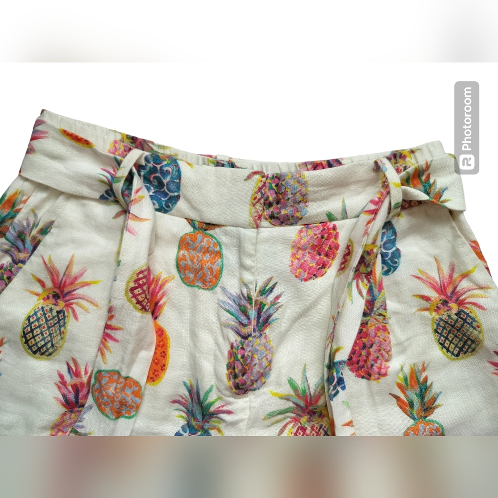 J. Crew women's Pineapple Print Paper Bag Belted Linen Casual Short Size 2 - Picture 3 of 15